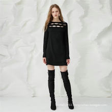 Hollowed-out wool blend ladies knit dress long sleeve slim fit sweater dress black sweater